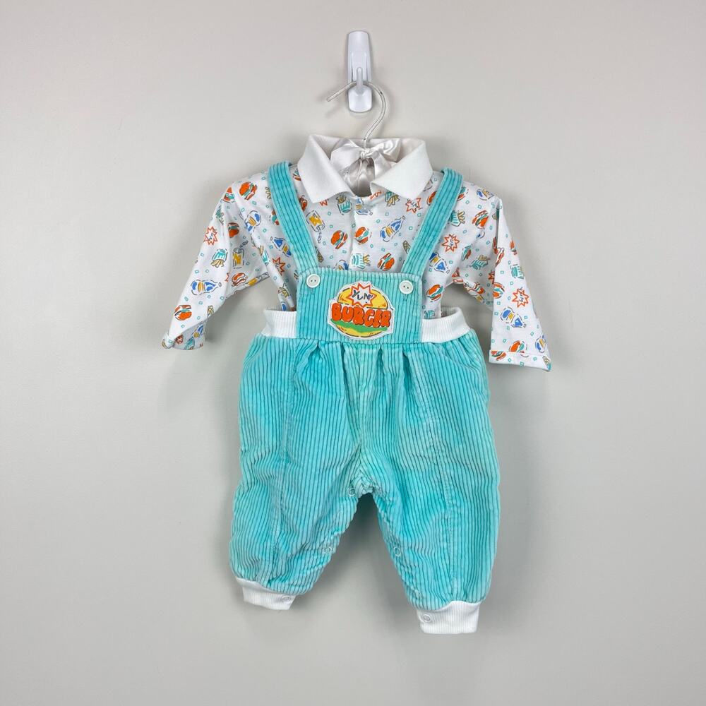 Vintage Yum Burger Aqua Corduroy Overalls Set Newborn